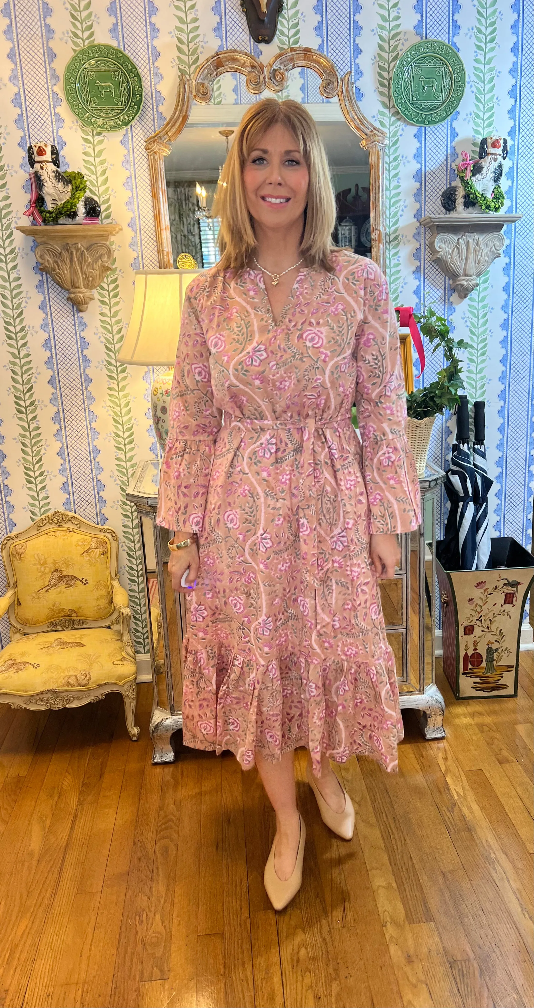 Abigail Bell Sleeve Block Print Midi Dress In Taupe & Pink
