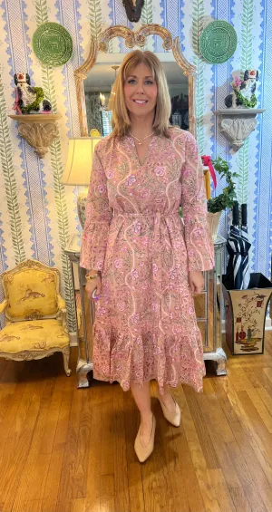 Abigail Bell Sleeve Block Print Midi Dress In Taupe & Pink