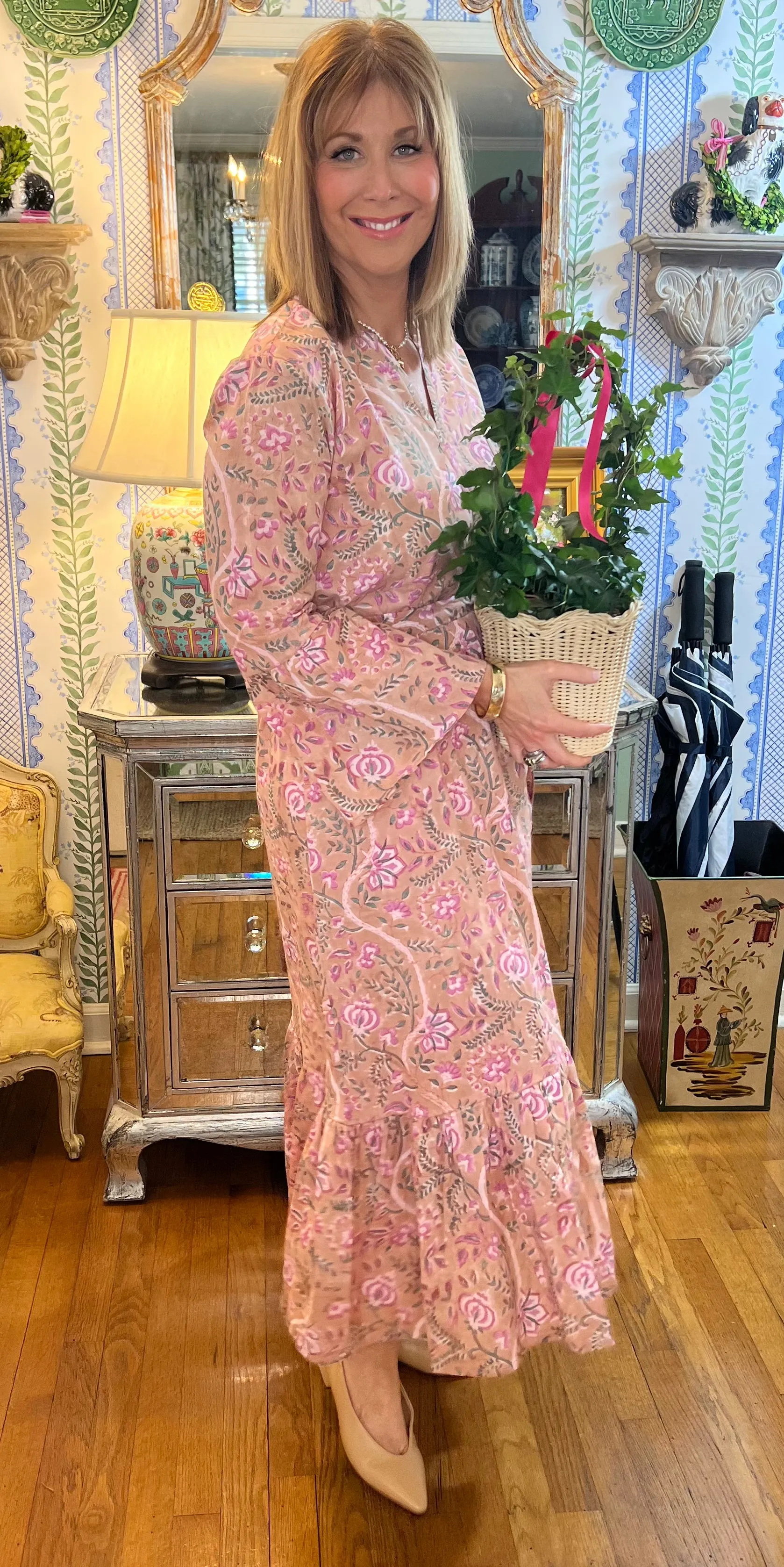 Abigail Bell Sleeve Block Print Midi Dress In Taupe & Pink
