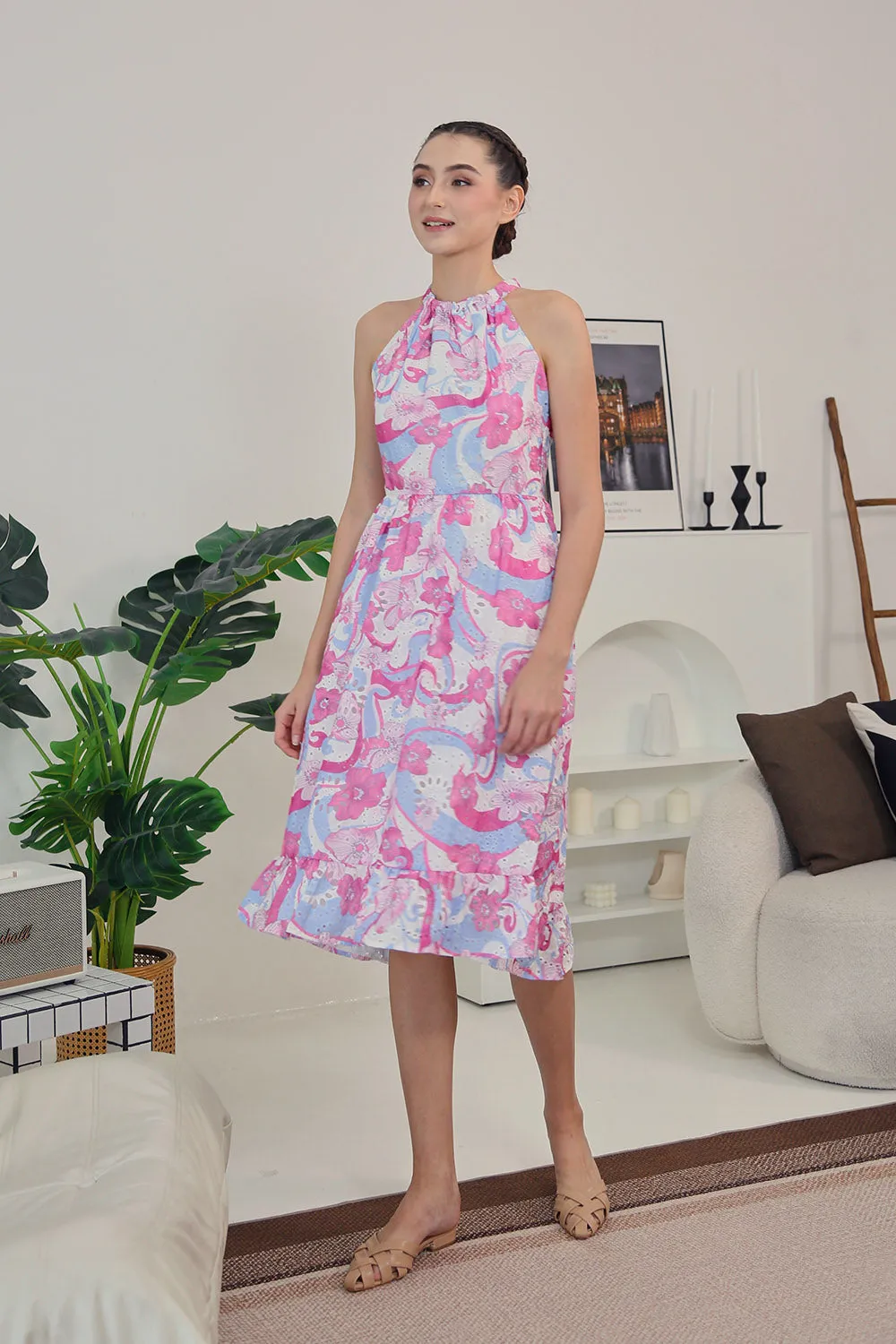 Amara Halter Dress in Abstract Pink Floral