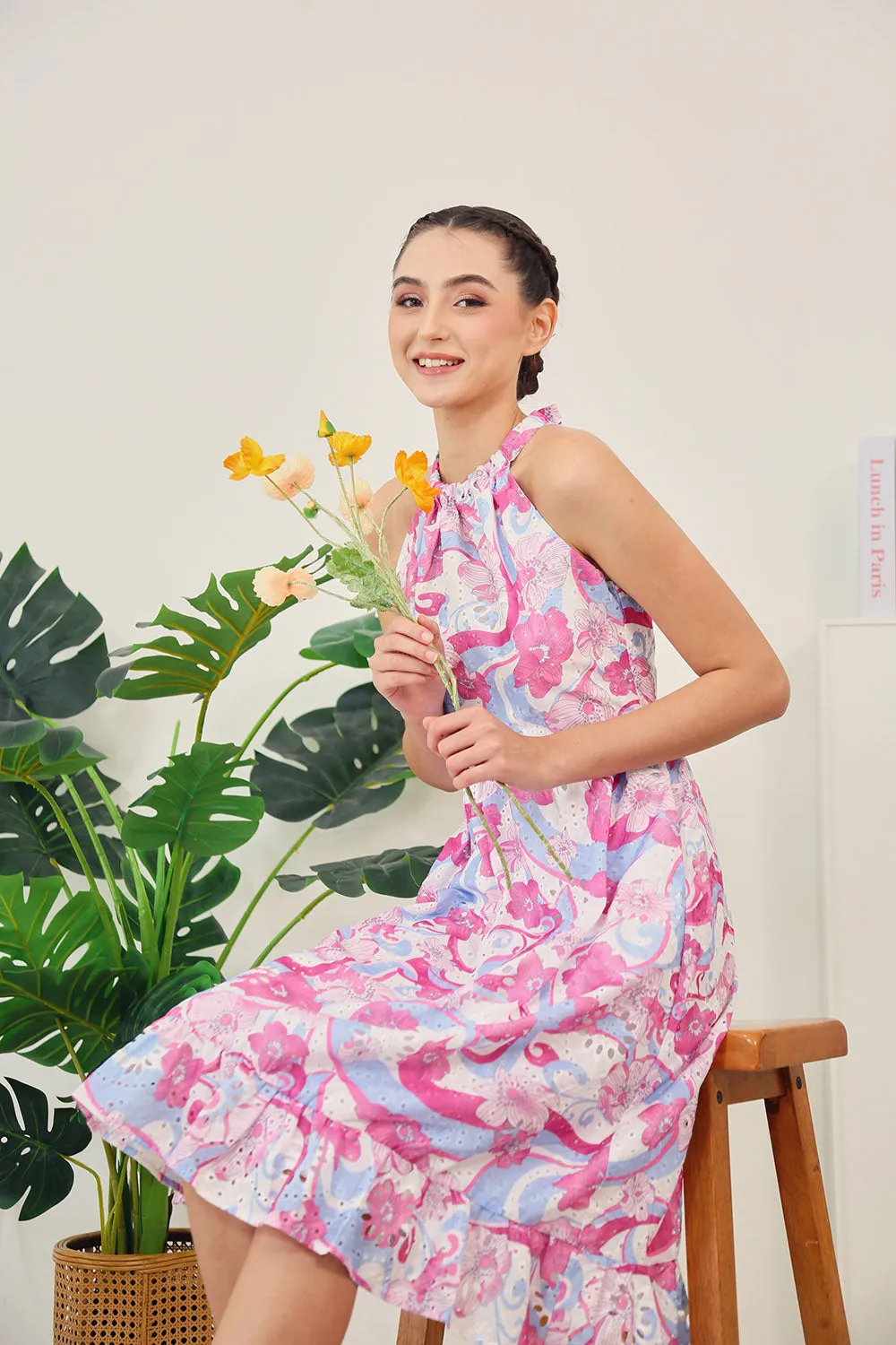 Amara Halter Dress in Abstract Pink Floral