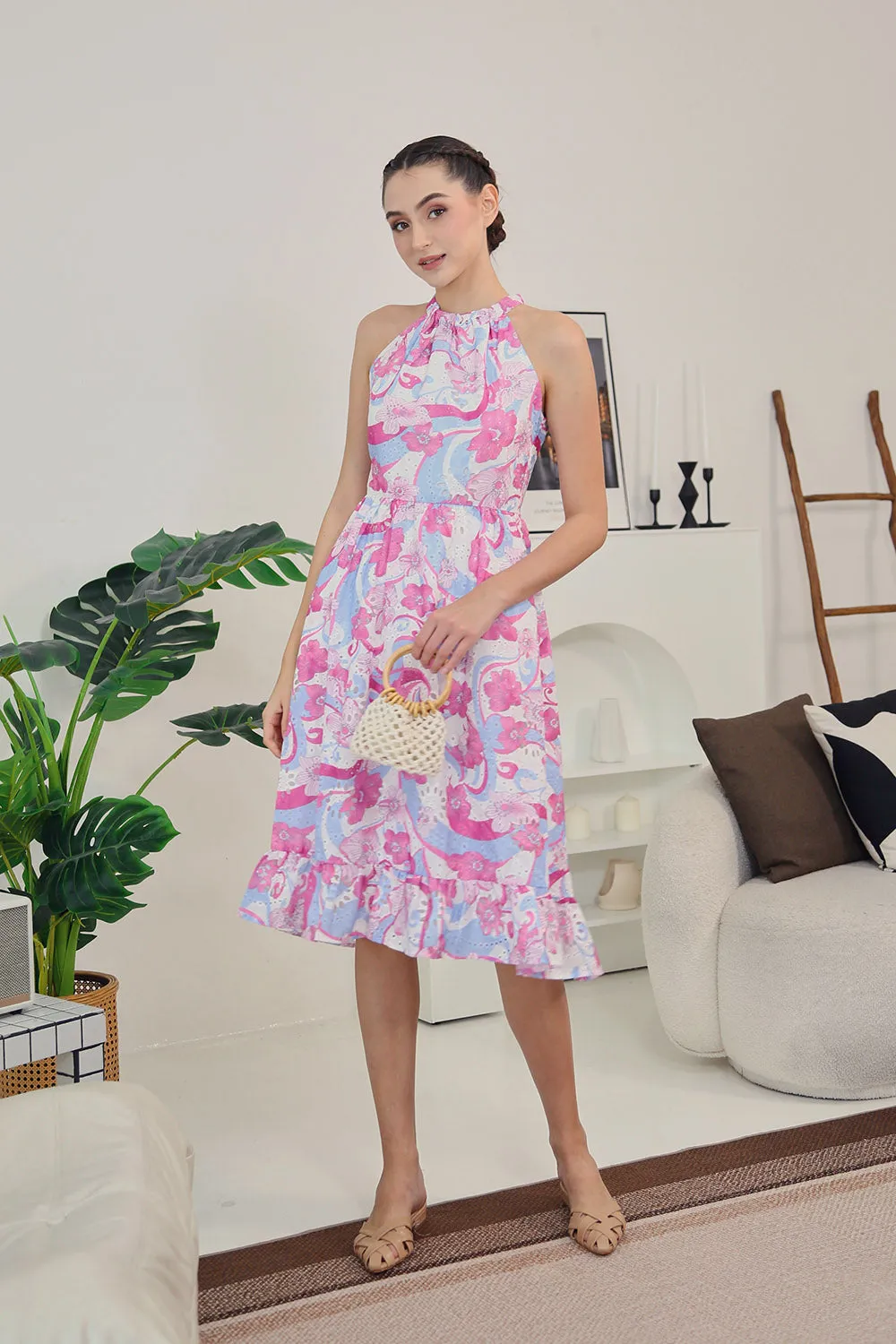 Amara Halter Dress in Abstract Pink Floral