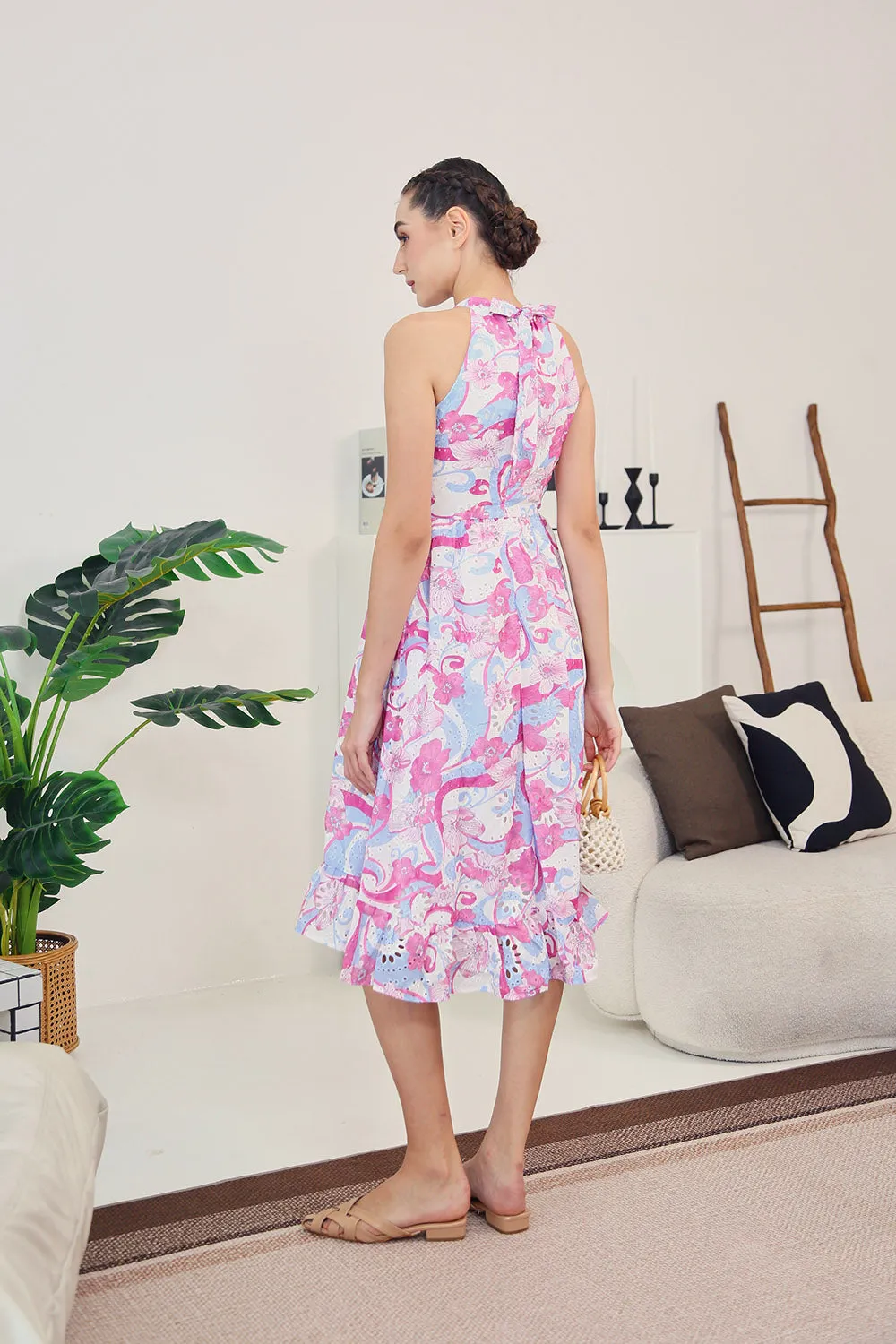 Amara Halter Dress in Abstract Pink Floral