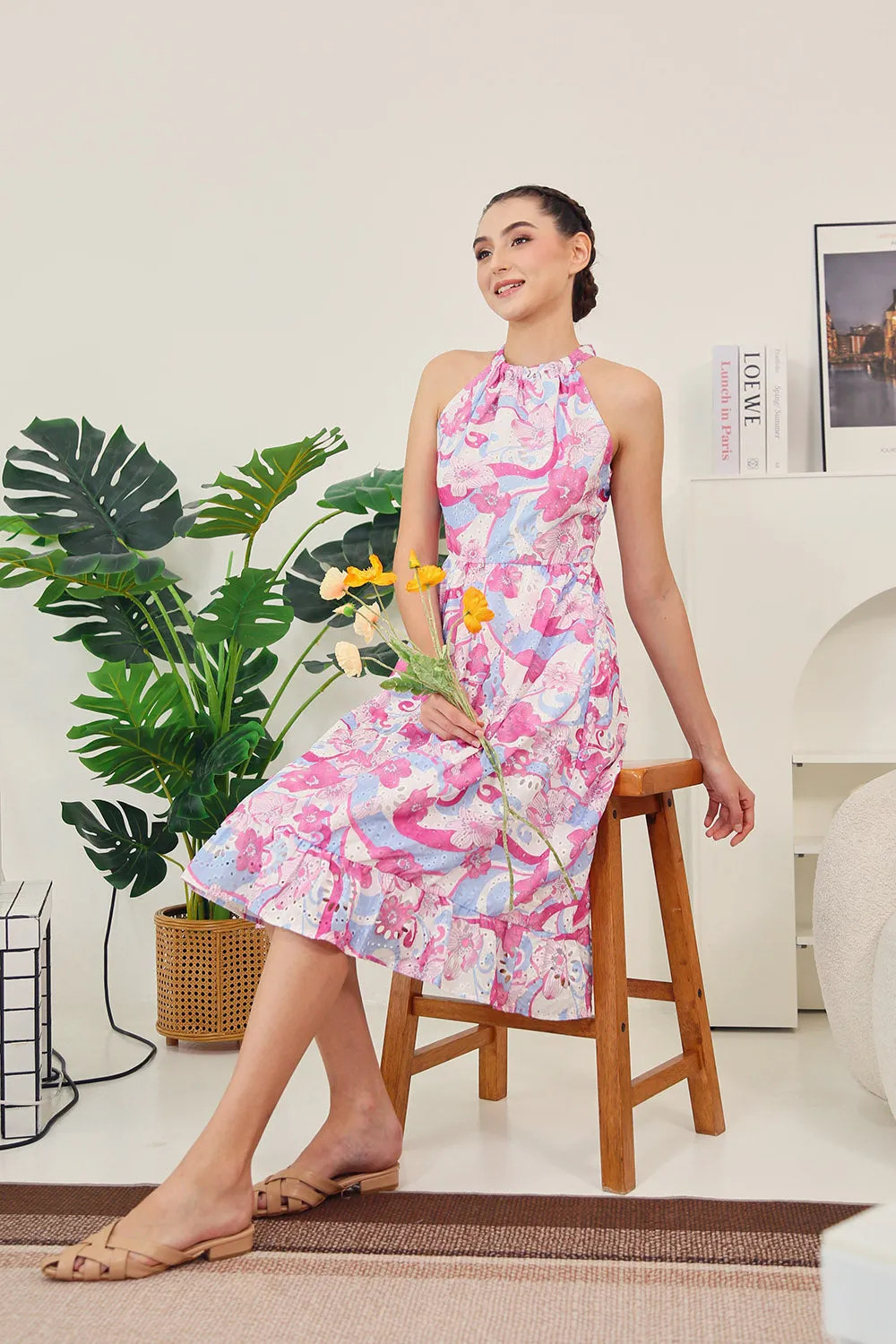 Amara Halter Dress in Abstract Pink Floral