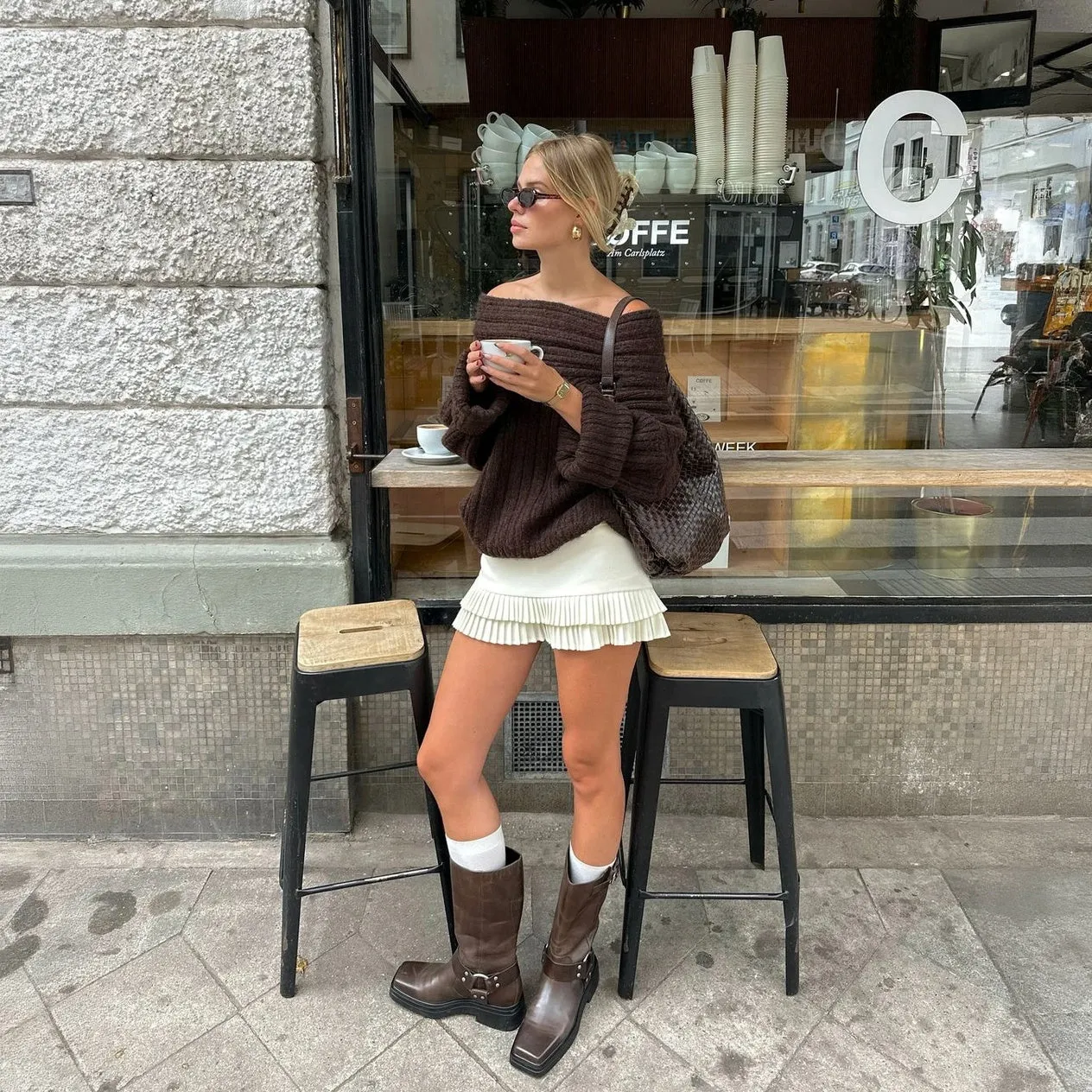 Asymmetrical Knit Top with Pleated Skirt