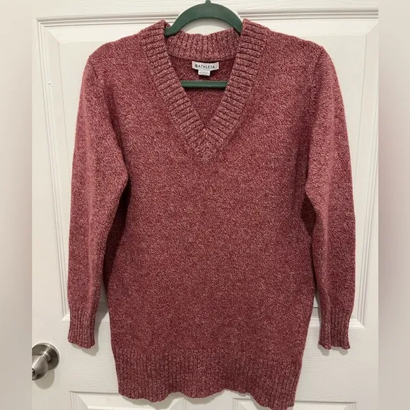 Athleta Vital V-Neck Tunic Wool Cashmere Sweater Maroon/ White Marl Size Small