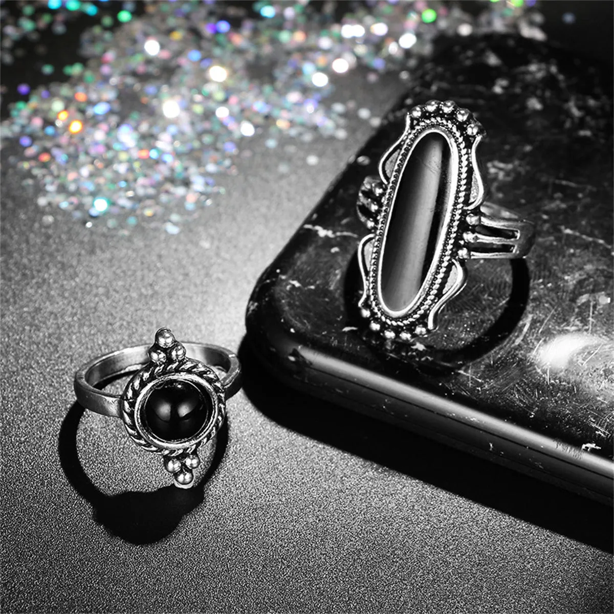Black Resin & Silver-Plated Lotus Elephant Cross Ring Set