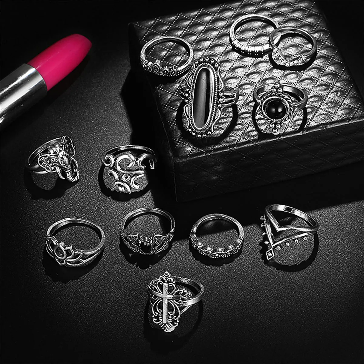 Black Resin & Silver-Plated Lotus Elephant Cross Ring Set
