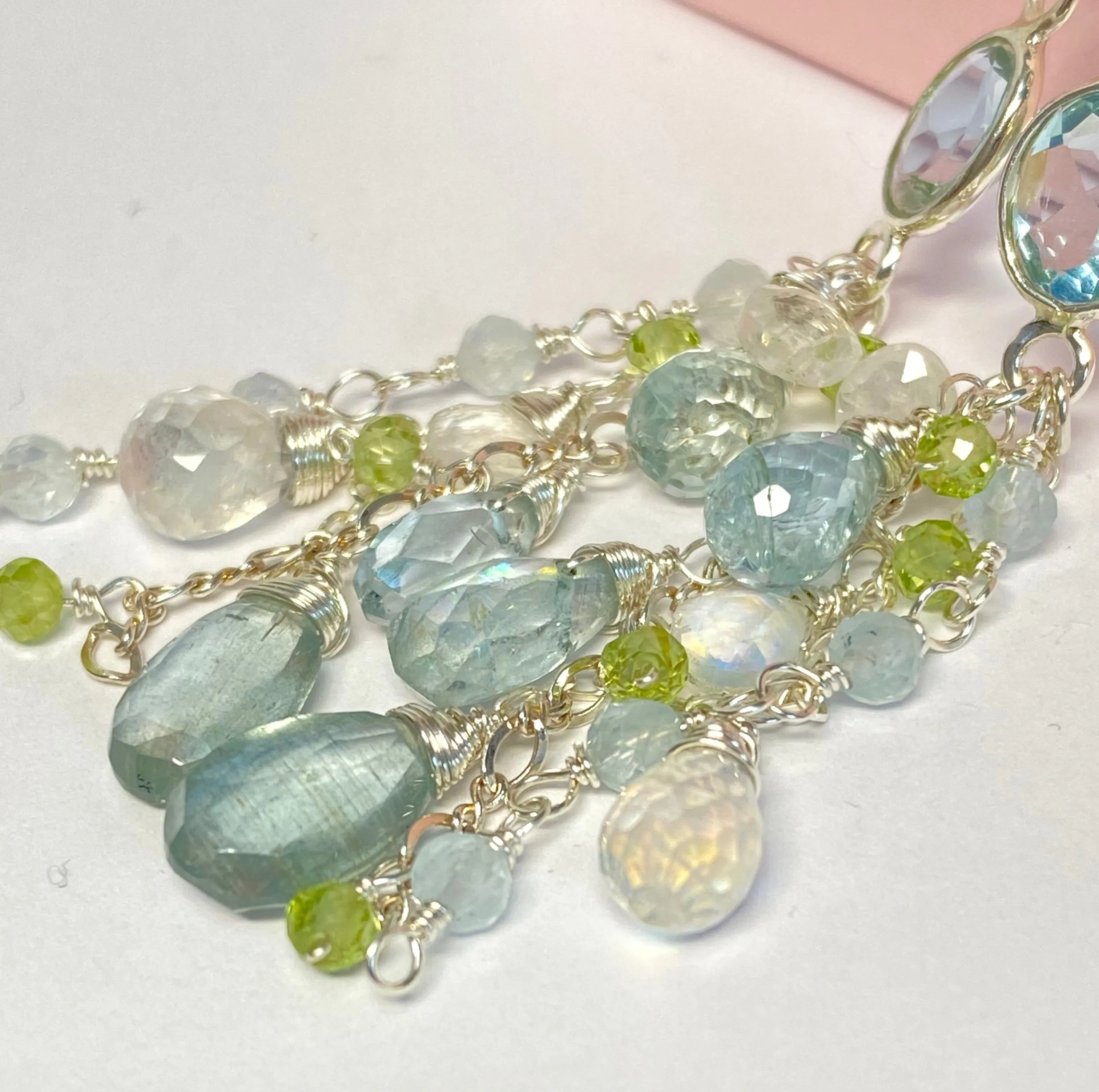 Blue Topaz, Peridot Long Gem Dangle Earrings Sterling Silver