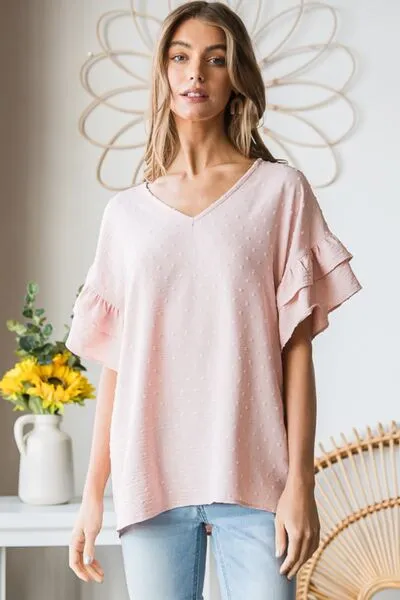 Bridget Full Size Swiss Dot Ruffle Short Sleeve Top