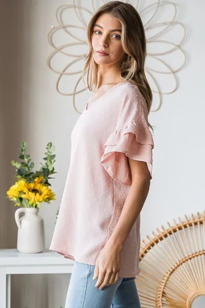 Bridget Full Size Swiss Dot Ruffle Short Sleeve Top