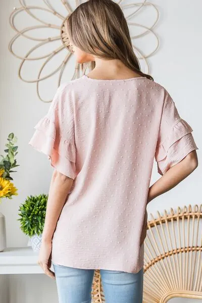 Bridget Full Size Swiss Dot Ruffle Short Sleeve Top