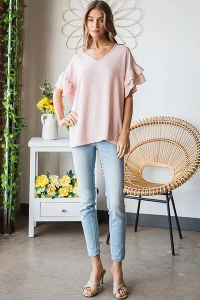 Bridget Full Size Swiss Dot Ruffle Short Sleeve Top