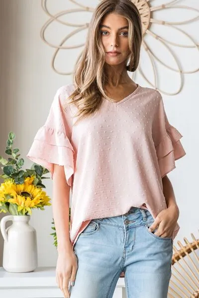 Bridget Full Size Swiss Dot Ruffle Short Sleeve Top