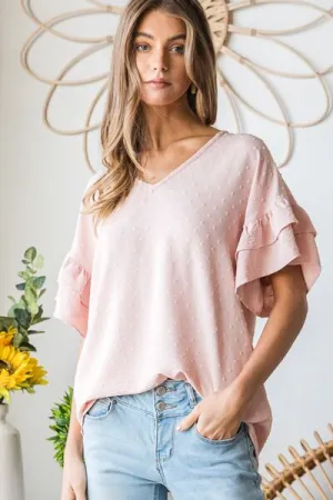 Bridget Full Size Swiss Dot Ruffle Short Sleeve Top