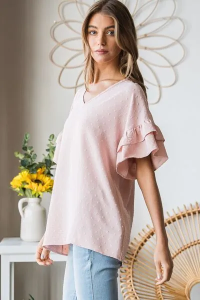 Bridget Full Size Swiss Dot Ruffle Short Sleeve Top