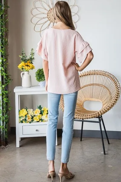 Bridget Full Size Swiss Dot Ruffle Short Sleeve Top