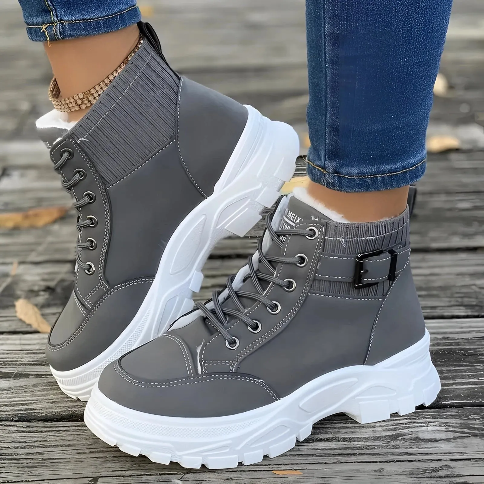 Brown Platform Chunky Lace-Up Ankle Boots - Fashion Hiking Footwear