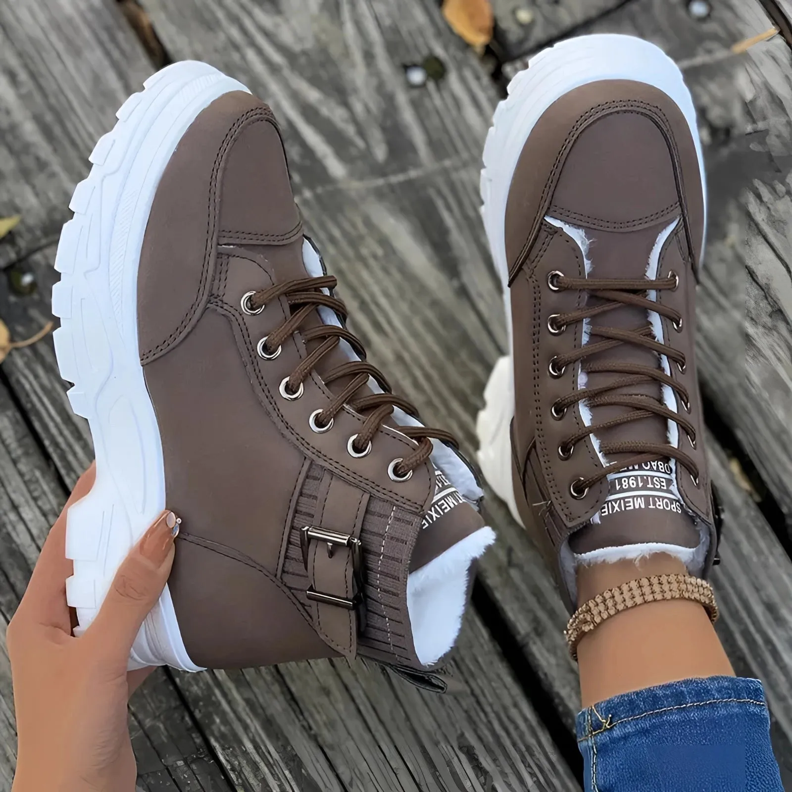 Brown Platform Chunky Lace-Up Ankle Boots - Fashion Hiking Footwear