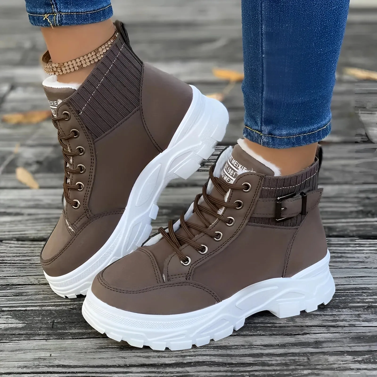 Brown Platform Chunky Lace-Up Ankle Boots - Fashion Hiking Footwear