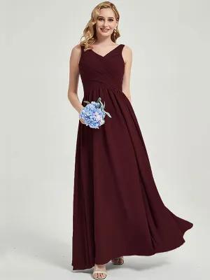 Burgundy Wide Straps Sleeveless V-Neck Pleated Flowy Bridesmaid Dress