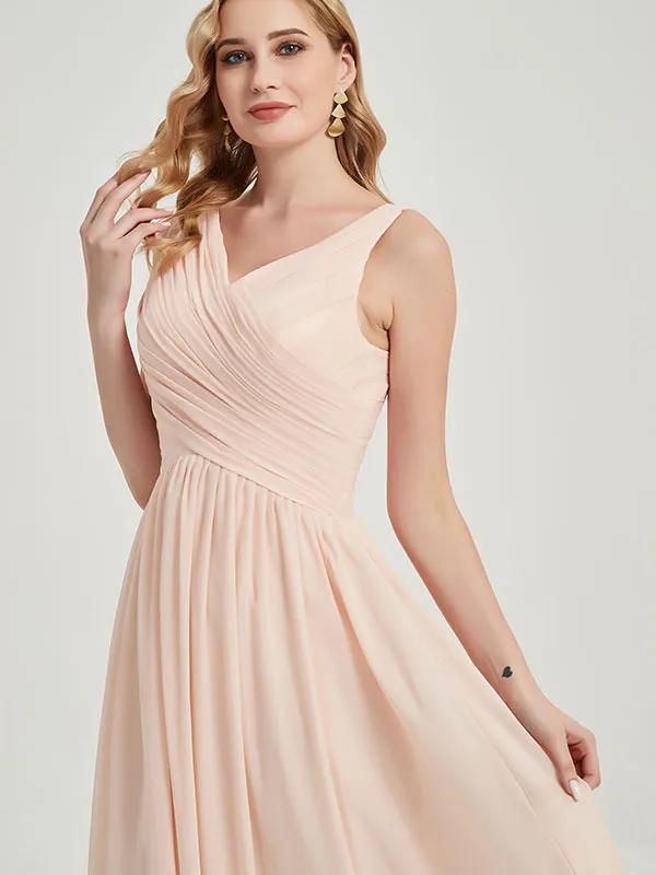Burgundy Wide Straps Sleeveless V-Neck Pleated Flowy Bridesmaid Dress
