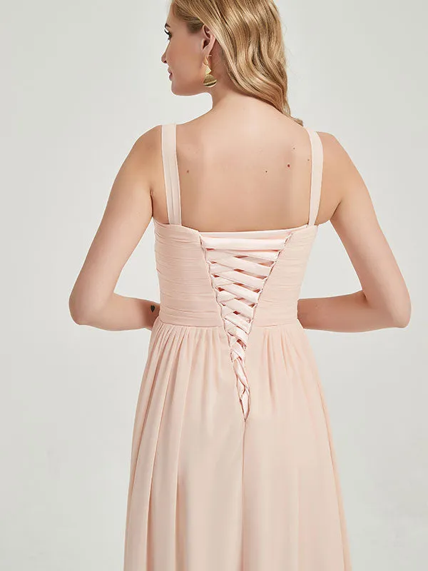 Burgundy Wide Straps Sleeveless V-Neck Pleated Flowy Bridesmaid Dress