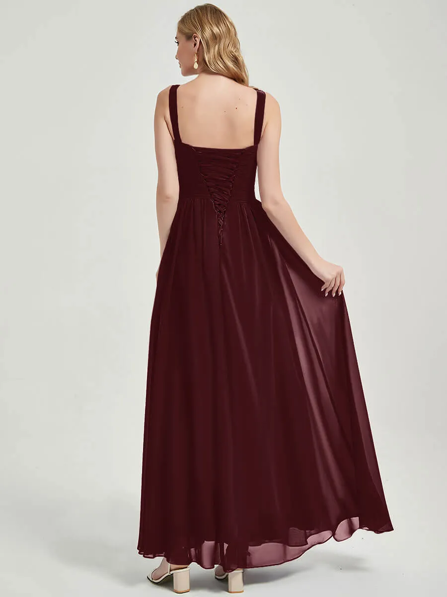 Burgundy Wide Straps Sleeveless V-Neck Pleated Flowy Bridesmaid Dress