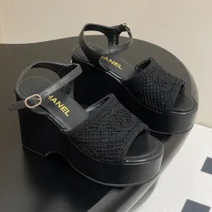 CC 25S Small Wedge Thick-Soled Sandal 10cm Black Woven 247606
