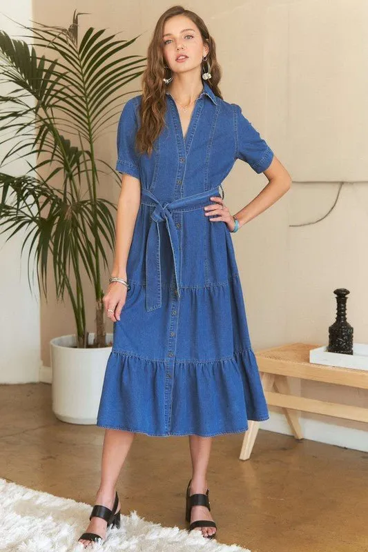 Chic and Casual – ADORA Tiered Button Down Tie Waist Denim Dress