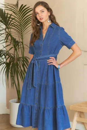 Chic and Casual – ADORA Tiered Button Down Tie Waist Denim Dress