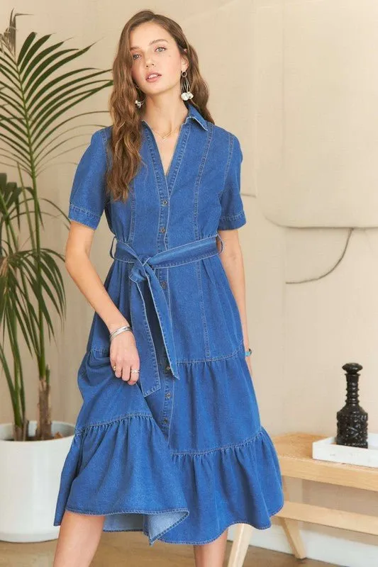 Chic and Casual – ADORA Tiered Button Down Tie Waist Denim Dress