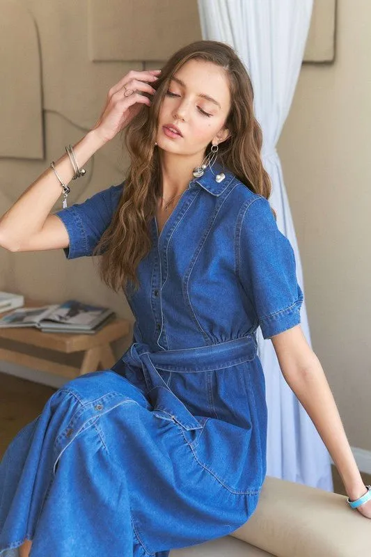 Chic and Casual – ADORA Tiered Button Down Tie Waist Denim Dress