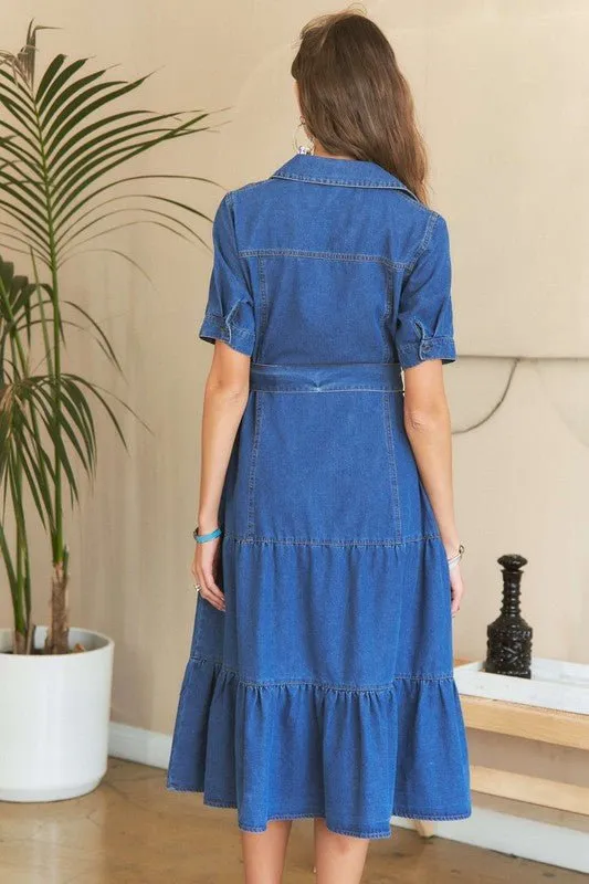 Chic and Casual – ADORA Tiered Button Down Tie Waist Denim Dress