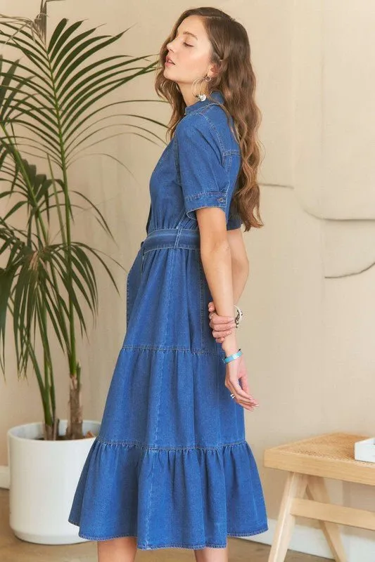 Chic and Casual – ADORA Tiered Button Down Tie Waist Denim Dress