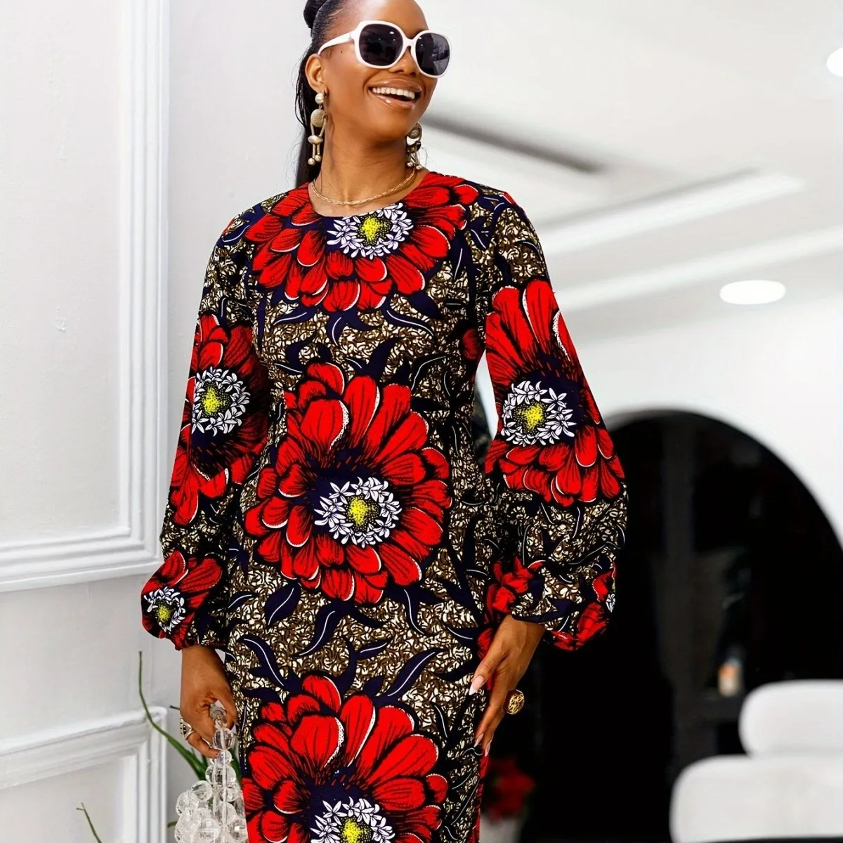 Chic Plus Size Floral Print Dress - Crew Neck, Lantern Sleeves, Non-Stretch Polyester