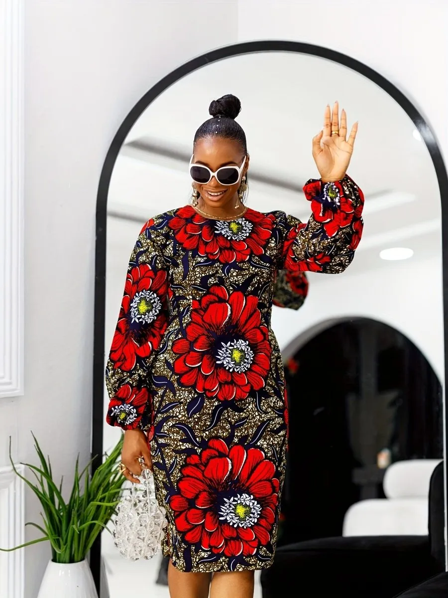 Chic Plus Size Floral Print Dress - Crew Neck, Lantern Sleeves, Non-Stretch Polyester