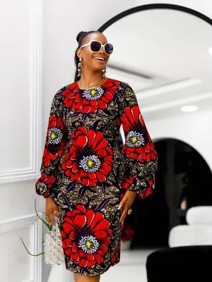 Chic Plus Size Floral Print Dress - Crew Neck, Lantern Sleeves, Non-Stretch Polyester