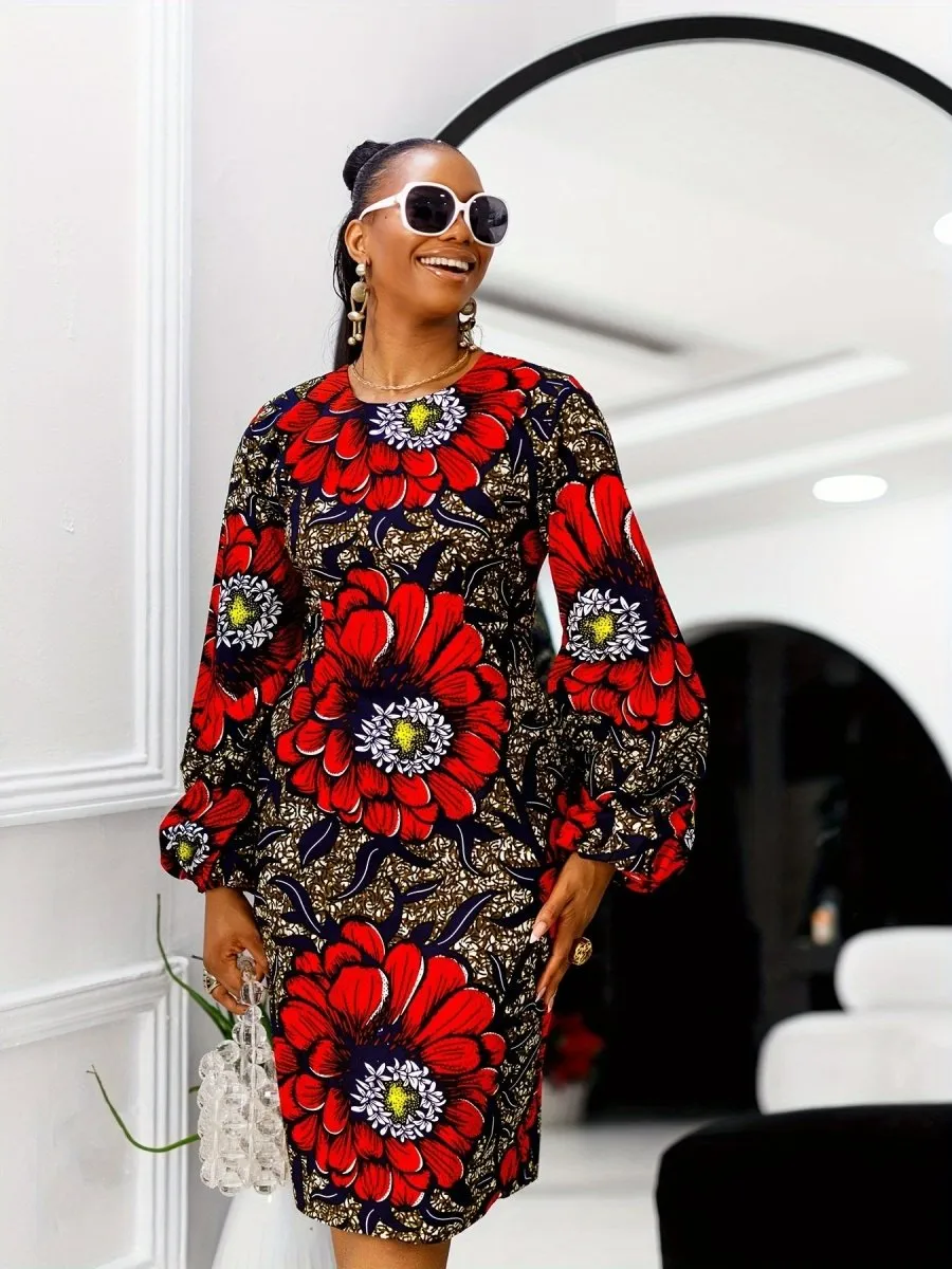 Chic Plus Size Floral Print Dress - Crew Neck, Lantern Sleeves, Non-Stretch Polyester