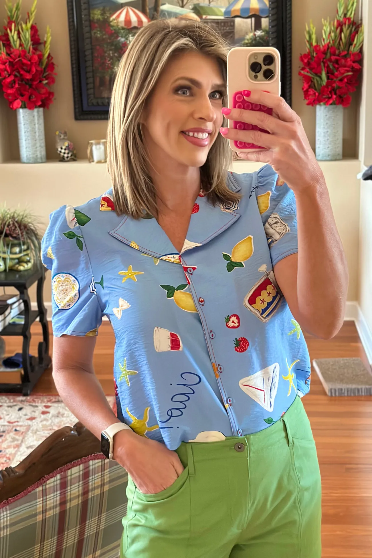 Ciao Bella Printed Button-Up Top in Blue