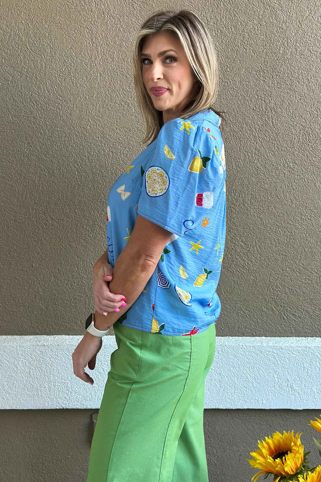 Ciao Bella Printed Button-Up Top in Blue