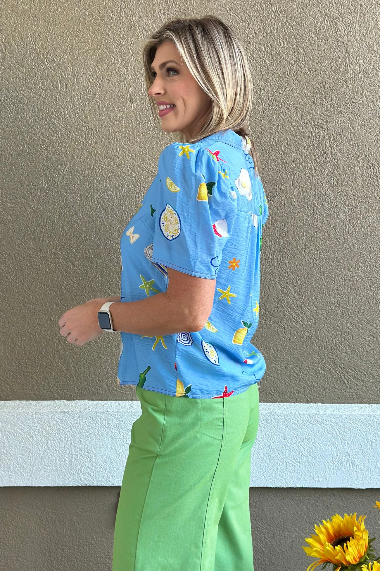 Ciao Bella Printed Button-Up Top in Blue