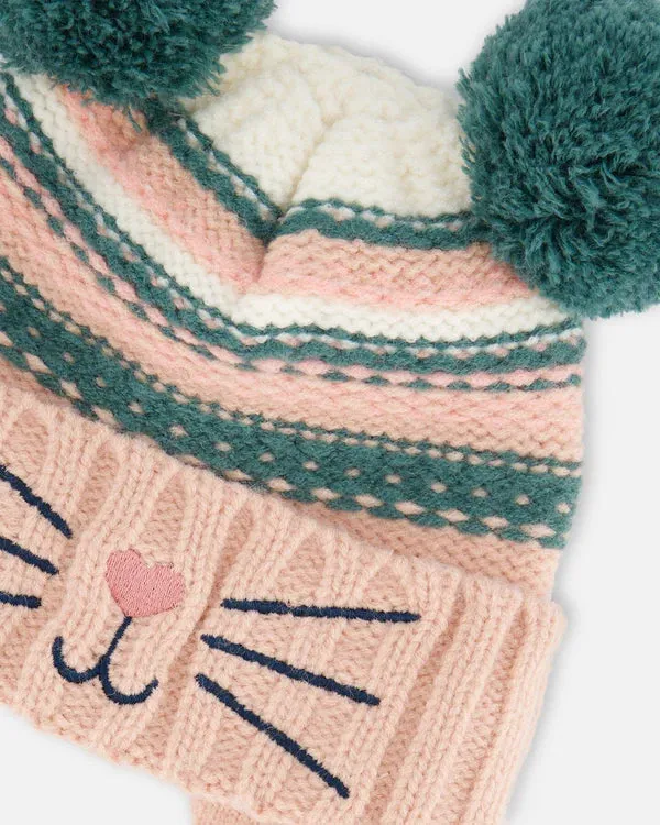 deux par deux Girls Knit Hat w/Ears - Light Pink Cat Face