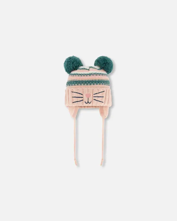 deux par deux Girls Knit Hat w/Ears - Light Pink Cat Face