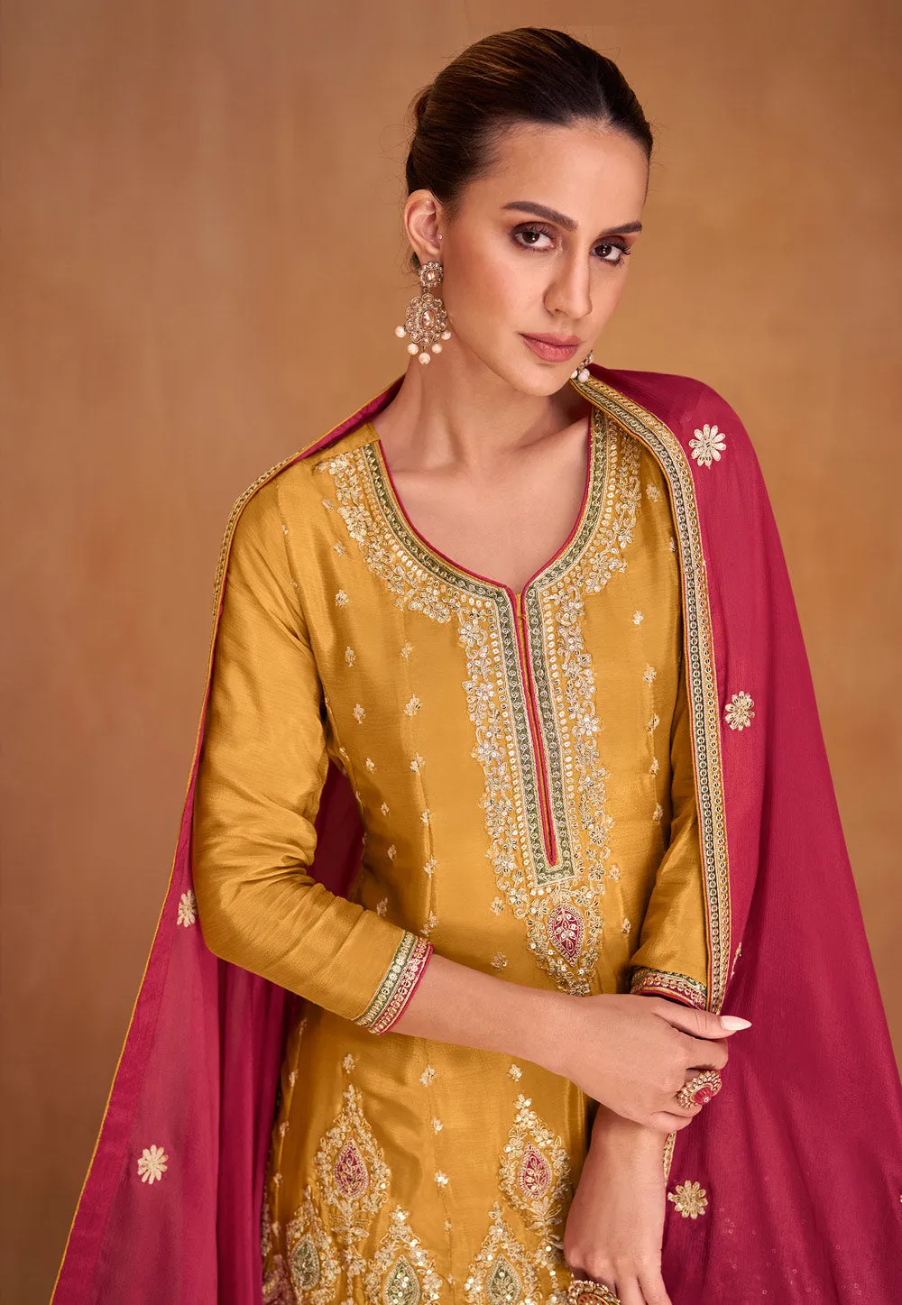 Dream Yellow Palazzo Pants with Vibrant Floral Embroidery Suit