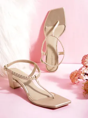 DressBerry Braided Design T-strap Block Heel Sandals