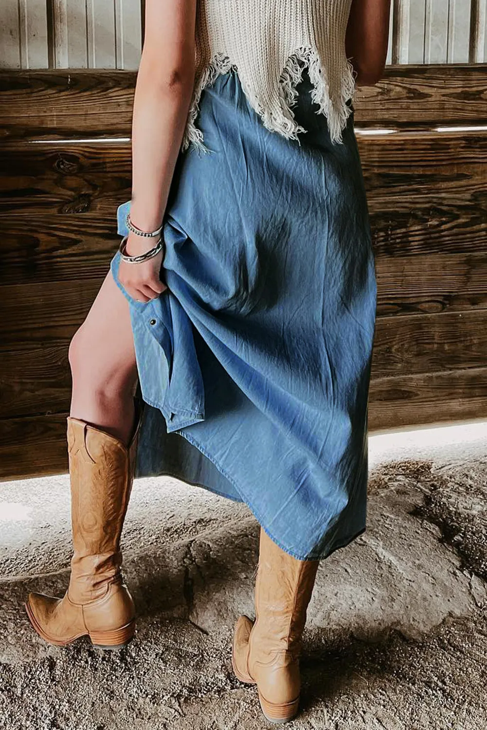 Dusk Blue Fully Buttoned Long Denim Skirt