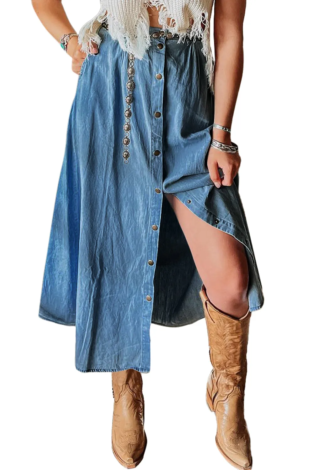 Dusk Blue Fully Buttoned Long Denim Skirt