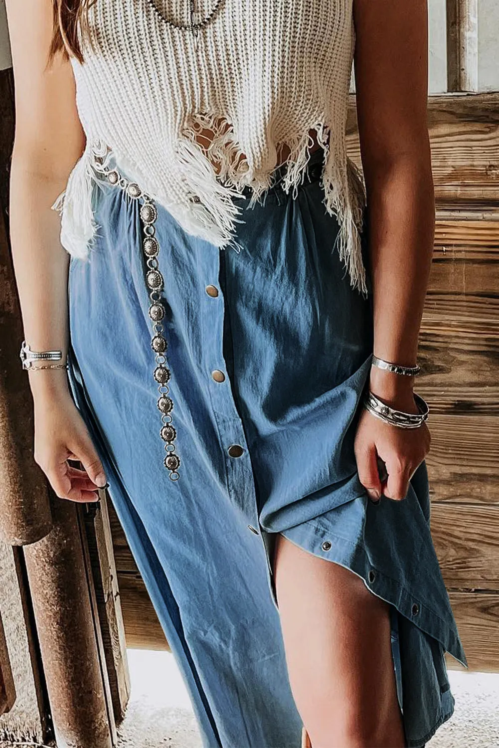 Dusk Blue Fully Buttoned Long Denim Skirt
