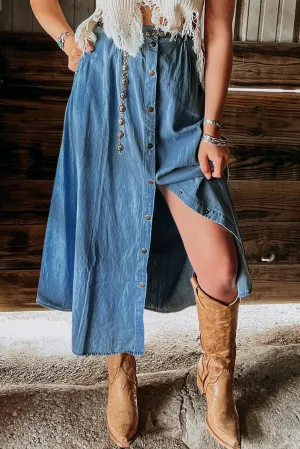 Dusk Blue Fully Buttoned Long Denim Skirt